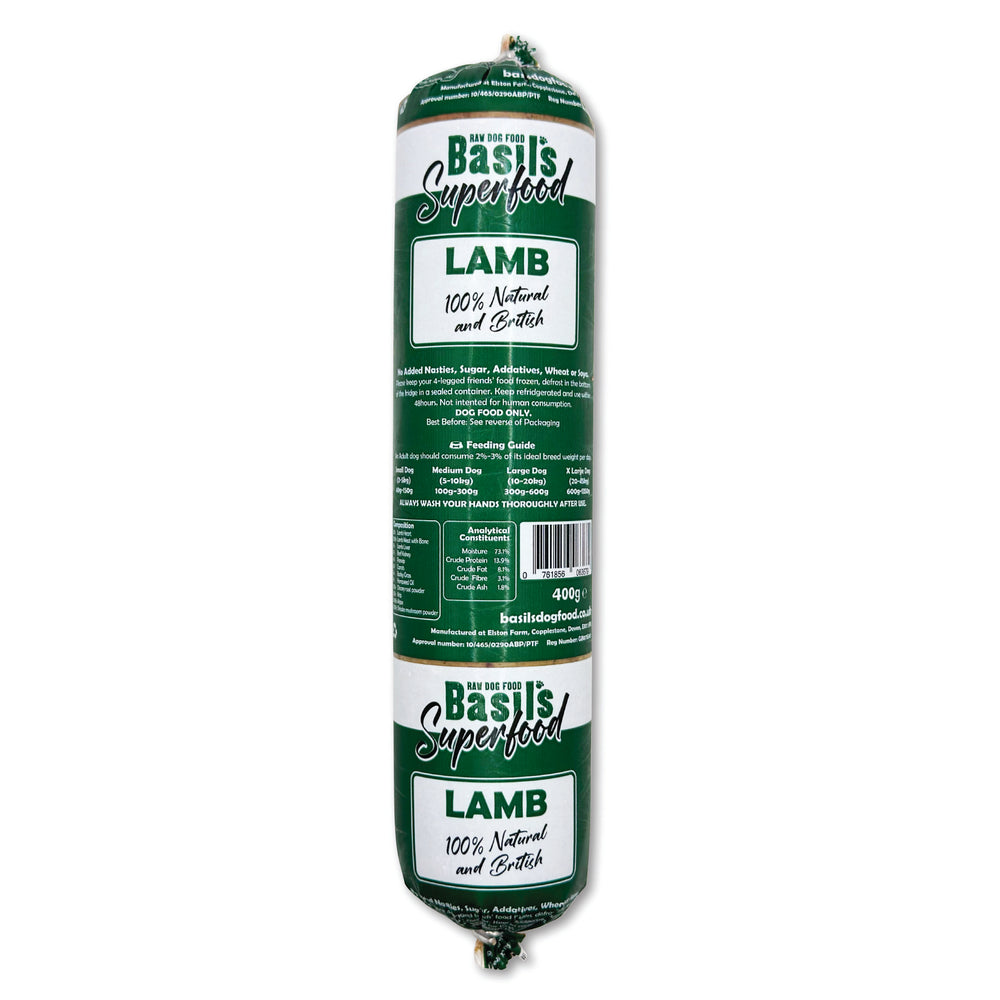 Packaged lamb product with Basil's Superfood branding on a white background